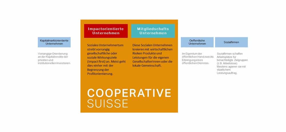 Bild 1: CooperativeSuisse positioniert sich als Plattform für private, impactorientierte Unternehmen und Genossenschaftsunternehmen. Soziales oder cooperatives Unternehmertum erbringt Marktleistungen ohne staatlichen Leistungsauftrag.